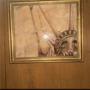 Tommy Morgan painting of Statue of Liberty with a gas  mask comes with frame